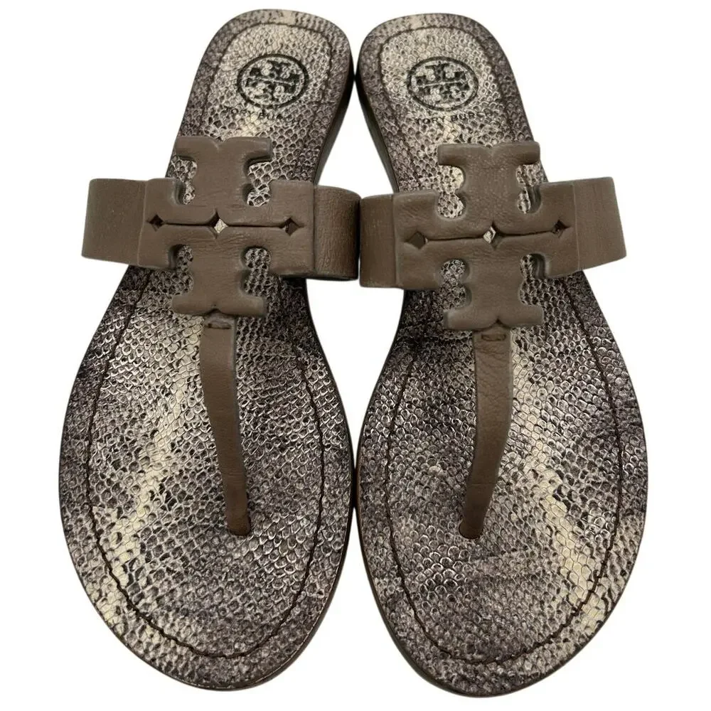 Tory Burch Miller Embossed Leather Snake Print Thong Sandal Logo Size 6 Designer